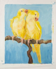 Kun Fang Animal Original Oil On Canvas "Lovebirds" (Oiseaux d'amour)