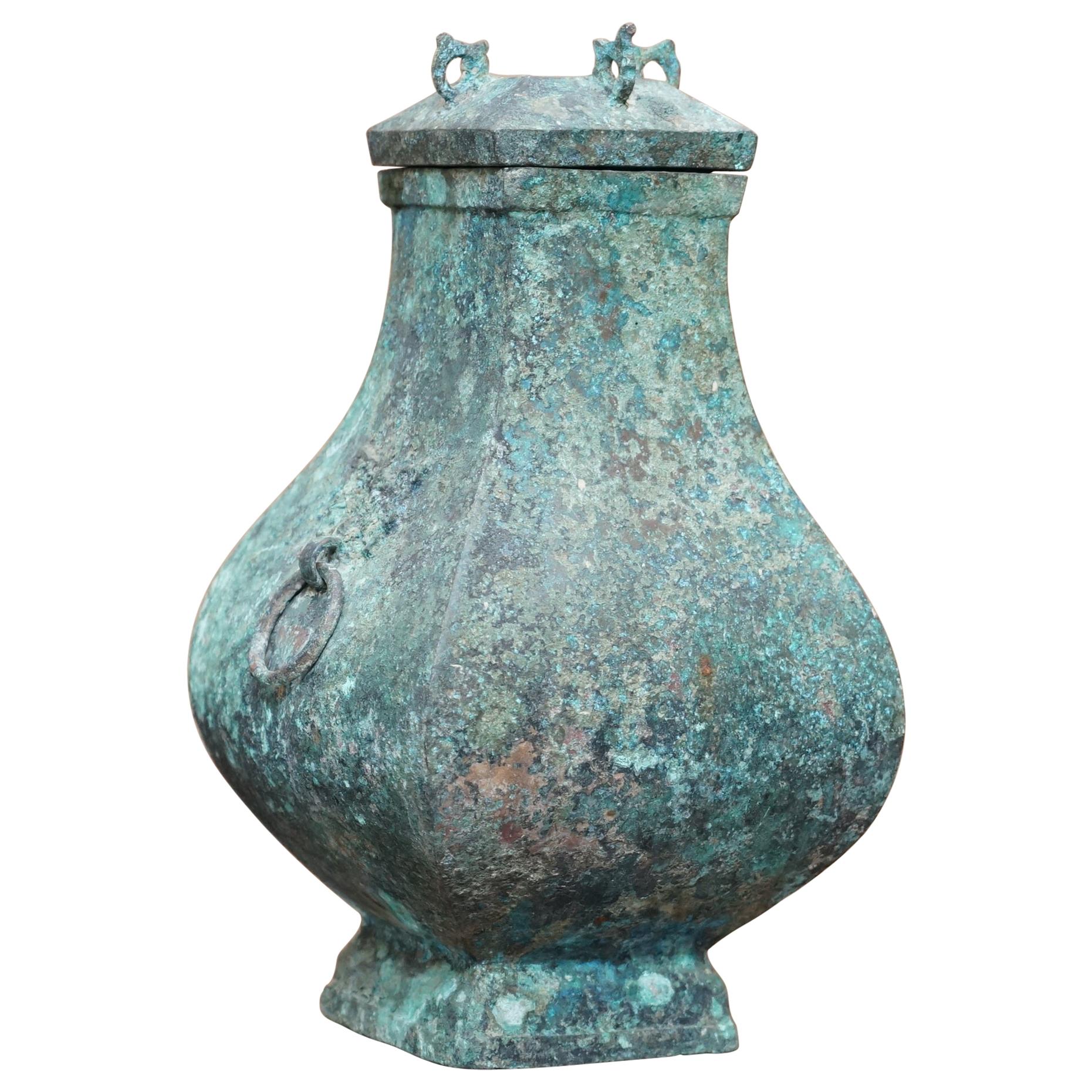Fanghu Han Dynasty 206BC-220AD Chinese Bronze Ritual Wine Vessel Jug & Cover
