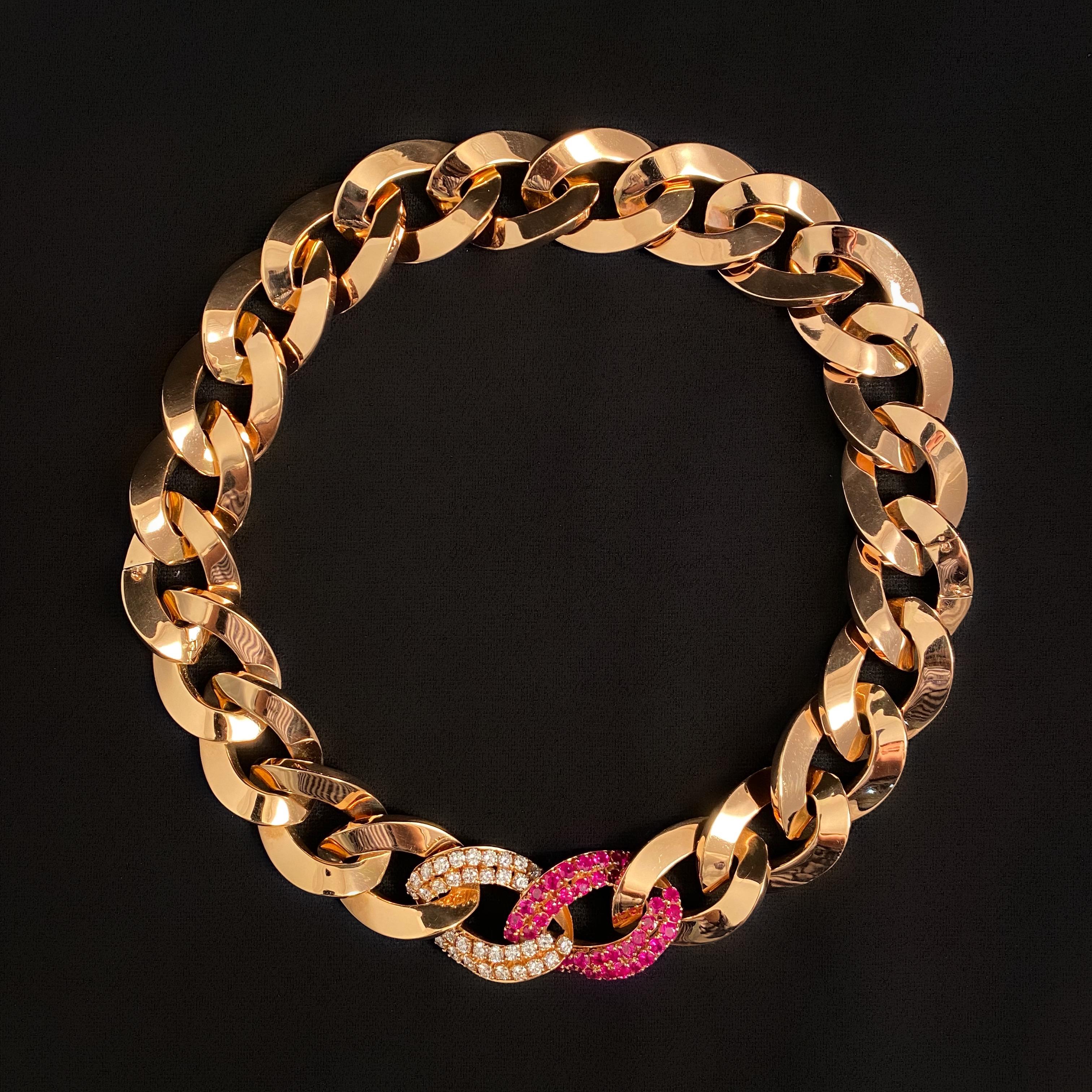 Fani Gioielli Vintage Ruby and Diamond Necklace Convertible into a Pair of Bracelets in 18 Kara Rose Gold, with Provenance, Italy, c. 2000. The necklace is designed as a wide curb link chain, one link set with 39 round-cut rubies connected to