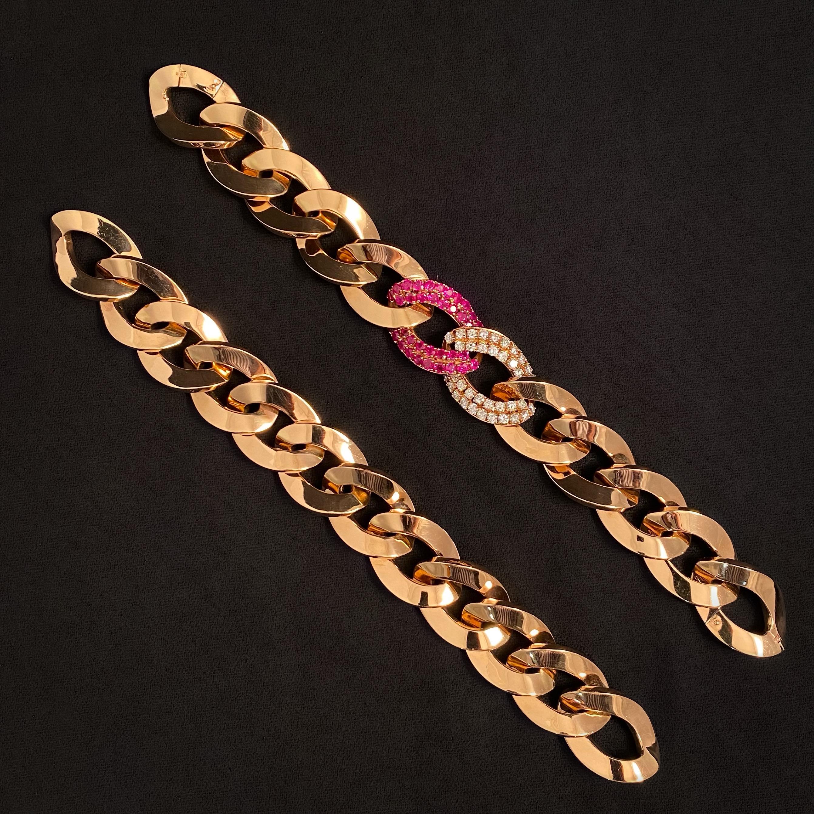Fani Gioielli Vintage Ruby and Diamond Pair of Bracelets Convertible into a Necklace in 18 Kara Rose Gold, with Provenance, Italy, c. 2000. The necklace is designed as a wide curb link chain, one link set with 39 round-cut rubies connected to