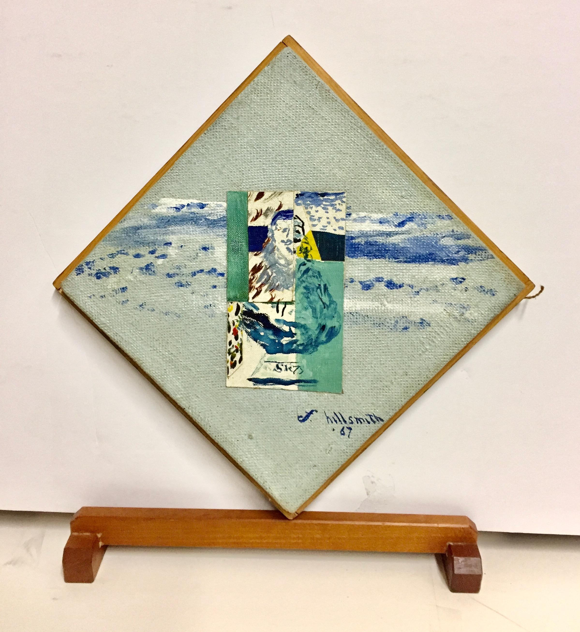 This is a painting on canvas with collage elements. The frame is the artist's design. It is signed and dated lower right and titled on the reverse.  Hillsmith considered herself a career-long Cubist. 