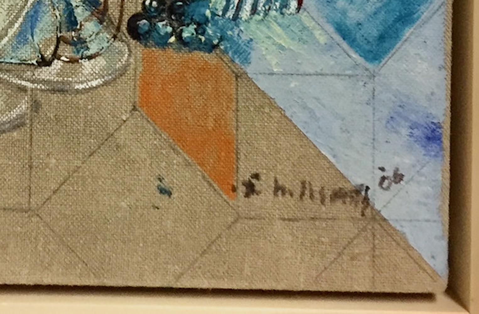This is a painting on canvas. The intricate subject benefits from a second and third look as it becomes clear. It is signed and dated lower right. Hillsmith considered herself a career-long Cubist. For many years she spent six months in her New York