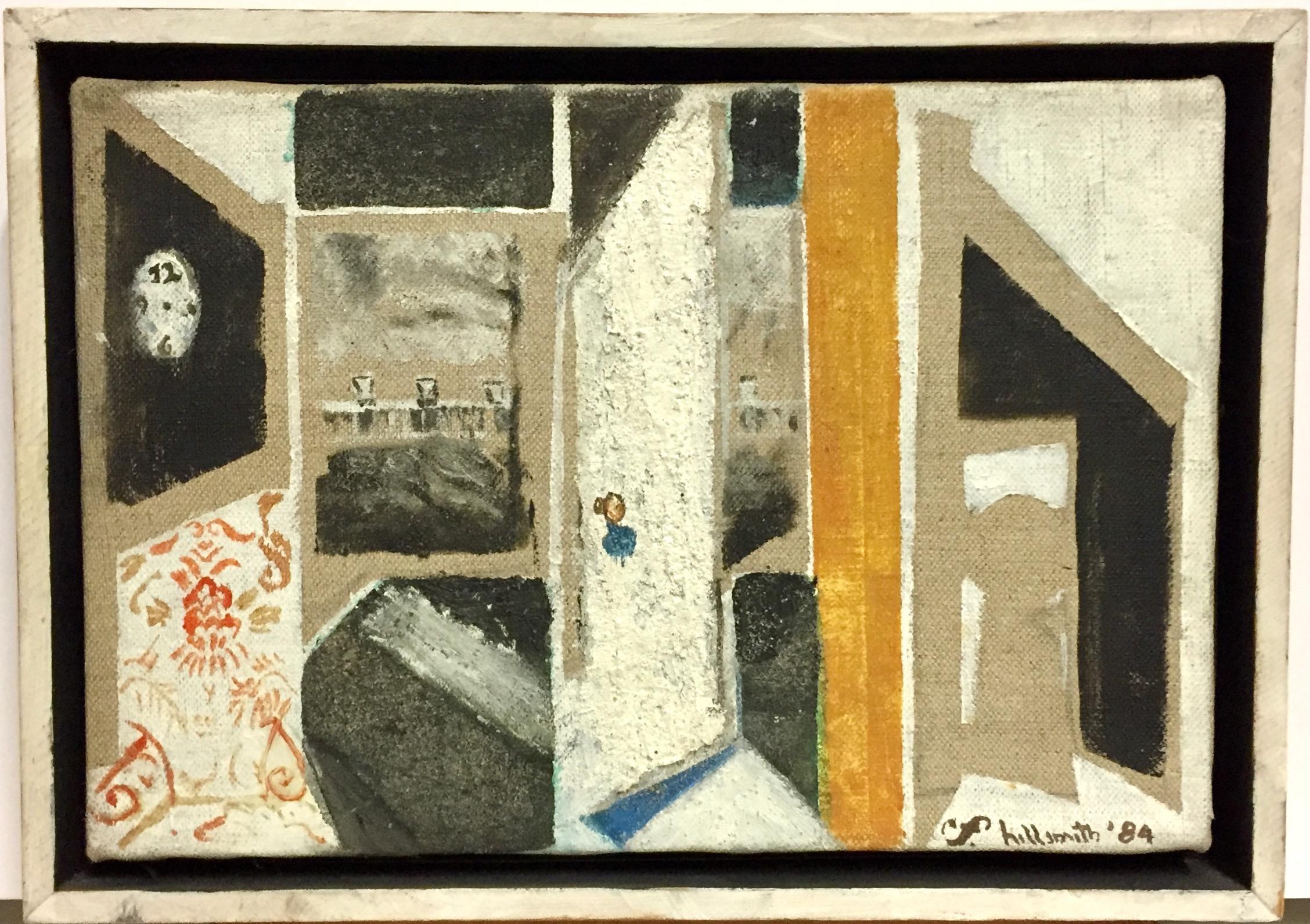 This is a painting on sized linen. The frame is the artist's design and she painted that as well.  It is signed and dated lower right. The motif of an open door is a favorite of the artist's. This composition is deceptive: On close inspection one