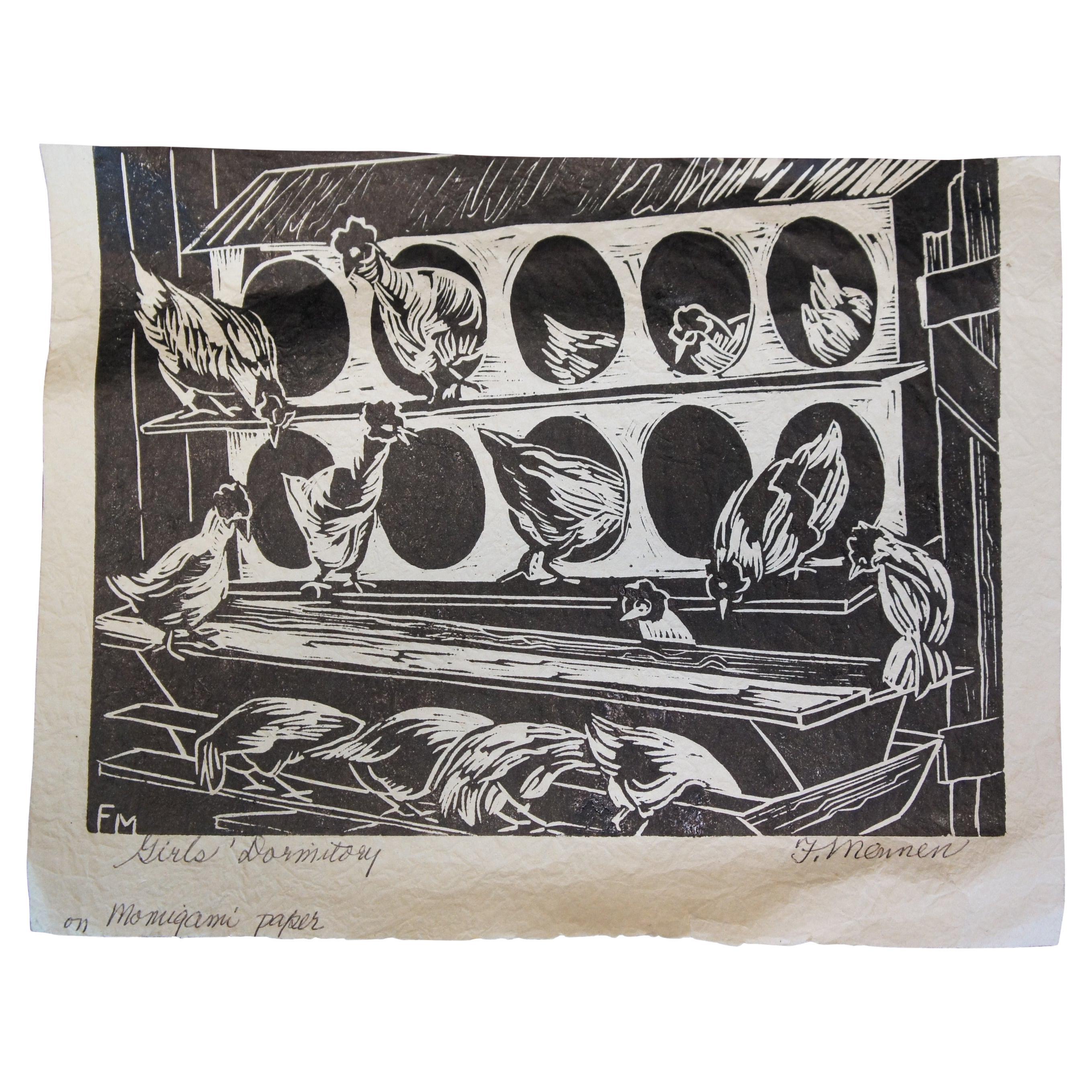 Fannie Mennen Girl's Dormitory Chicken Coop Momigami Woodblock Print 14" For Sale