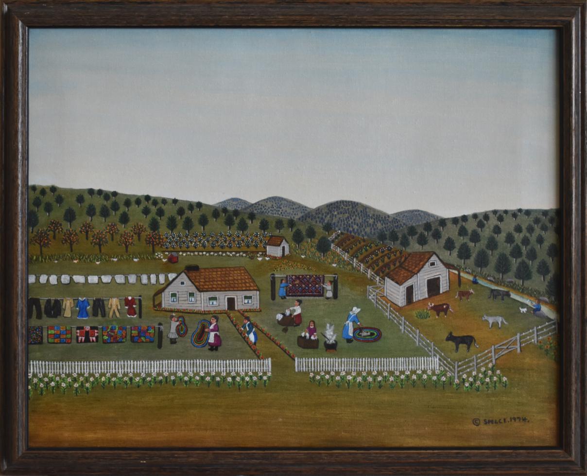 Fannie Spelce Landscape Painting - "SPRINGTIME HOUSE CLEANING" FANNIE SPELCE, THE GRANDMA MOSES OF TEXAS FOLK ART