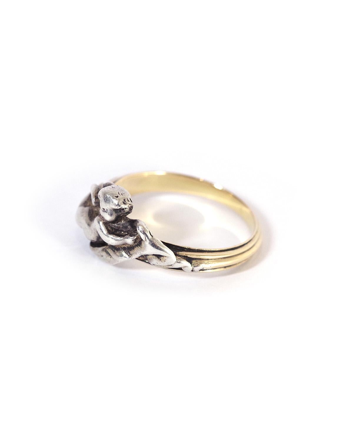 Signed Fannière Frères angel ring in 18 karat gold and silver, circa 1870 France For Sale 1