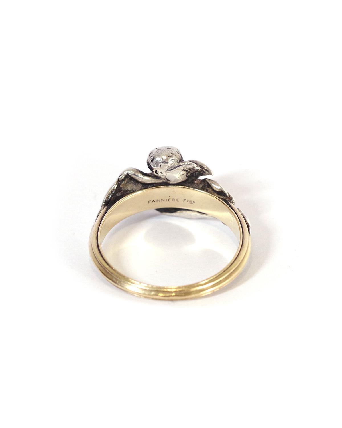 Signed Fannière Frères angel ring in 18 karat gold and silver, circa 1870 France For Sale 2