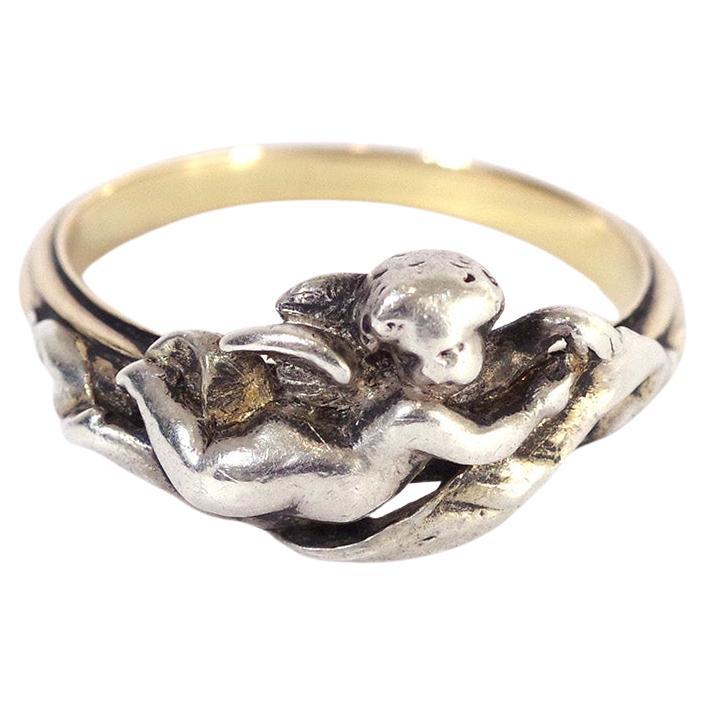 Signed Fannière Frères angel ring in 18 karat gold and silver, circa 1870 France For Sale