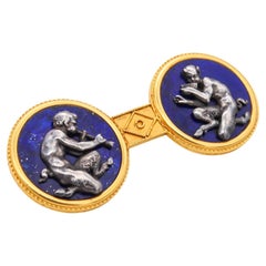 Fannière Freres Paris 1880 Rare Etruscan Bacchus Brooch 18Kt Gold Lapis Lazuli