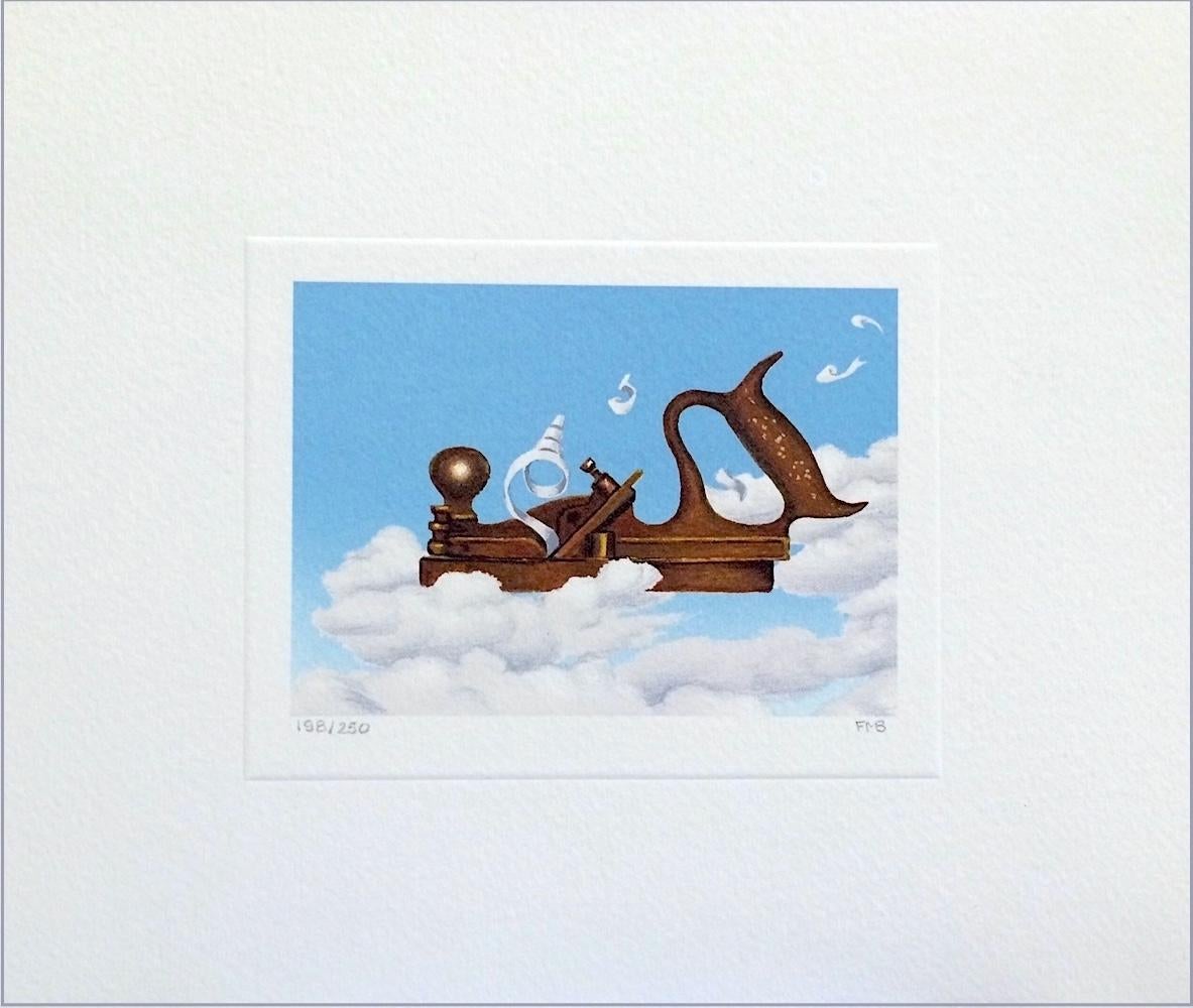 AIRPLANE Hand Drawn Signed Lithograph, Vintage Wood Plane Tool, Blue Sky, Clouds - Print by Fanny Brennan