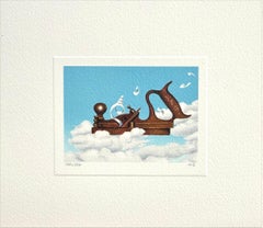 AIRPLANE Hand Drawn Signed Lithograph, Vintage Carpentry Tool, Blue Sky, Clouds