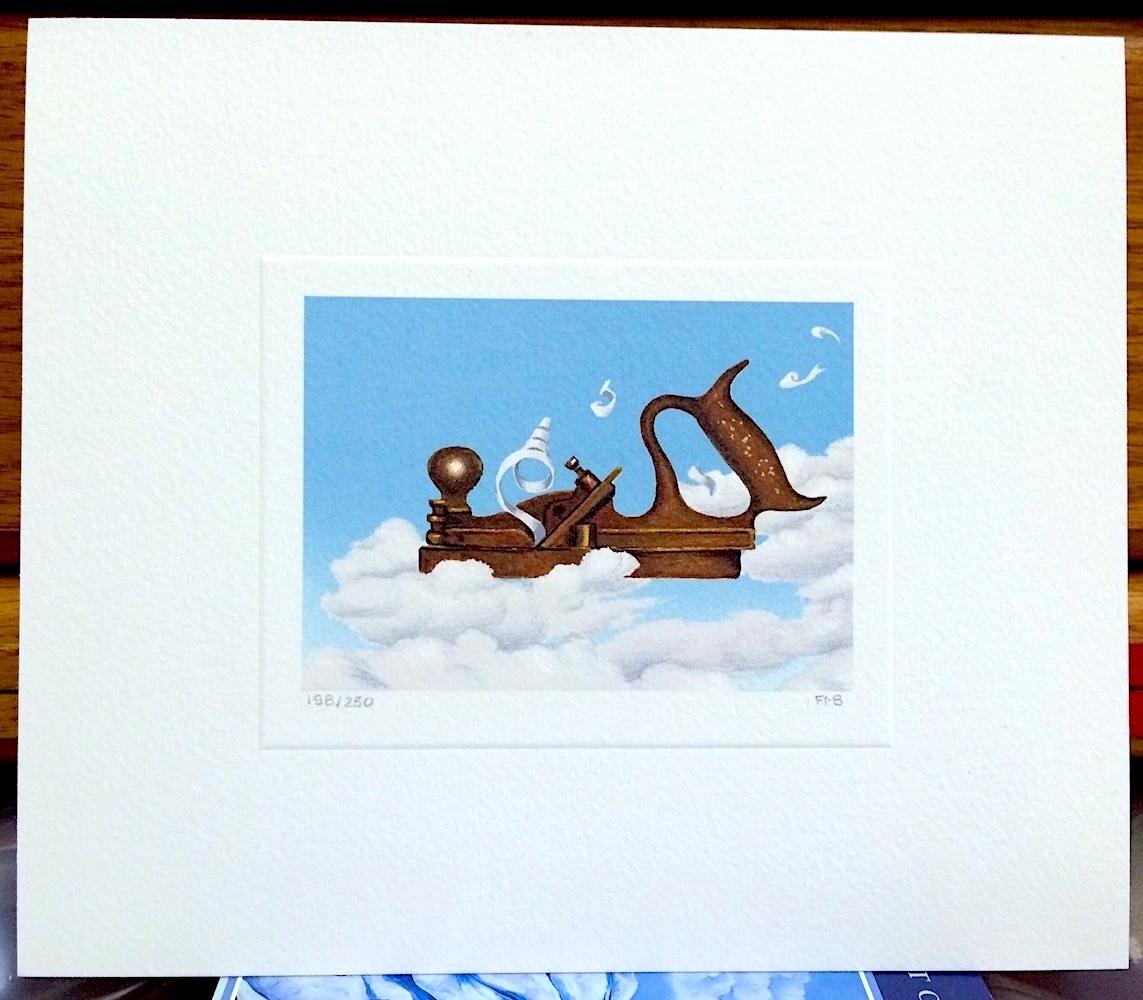 AIRPLANE Hand Drawn Signed Lithograph, Vintage Wood Plane Tool, Blue Sky, Clouds - Surrealist Print by Fanny Brennan