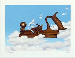 AIRPLANE Hand Drawn Signed Lithograph, Vintage Wood Plane Tool, Blue Sky, Clouds