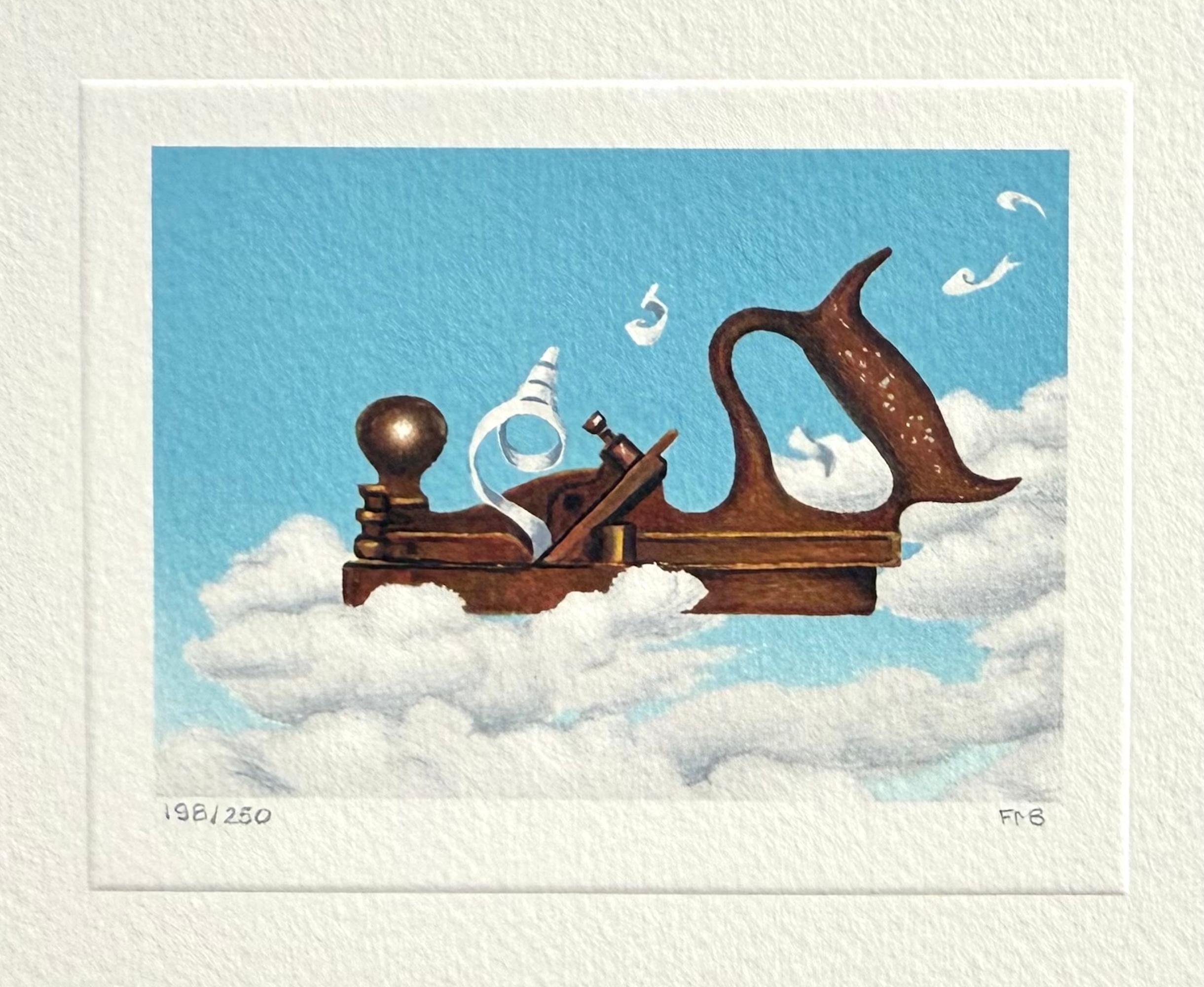 AEREO Disegnato a mano Litografia firmata, Strumento aereo in legno vintage, Cielo blu, Nuvole