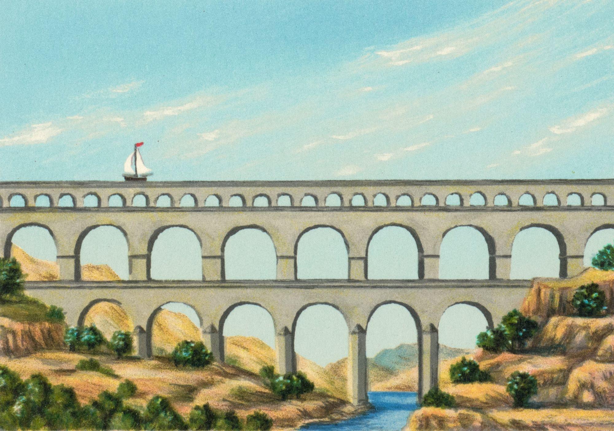 Aqueduct is a lithograph on paper with an image size of 2 x 3 inches, initialed 'FMB' lower right and annotated lower left, framed in a contemporary silver and dark gray frame. Numbered 7/250 from the edition of 300 (there were also 50 APs).

In