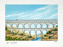 AQUEDUCT Litografia firmata, Mini Paesaggio, Architettura romana, Barca a vela