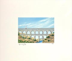 AQUEDUCT Signed Lithograph, Mini Landscape, Roman Architecture, Sailboat