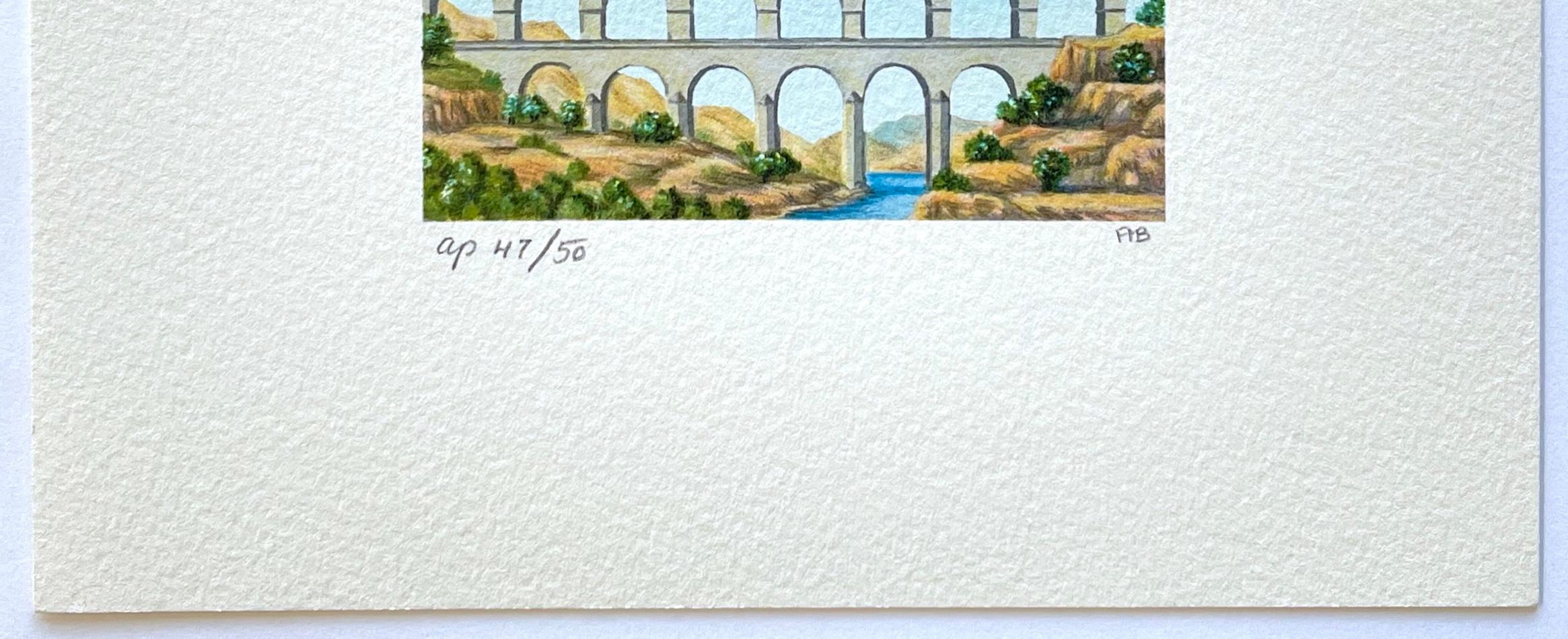 AQUEDUCT Litografía firmada, Mini paisaje, arquitectura romana, velero en venta 1