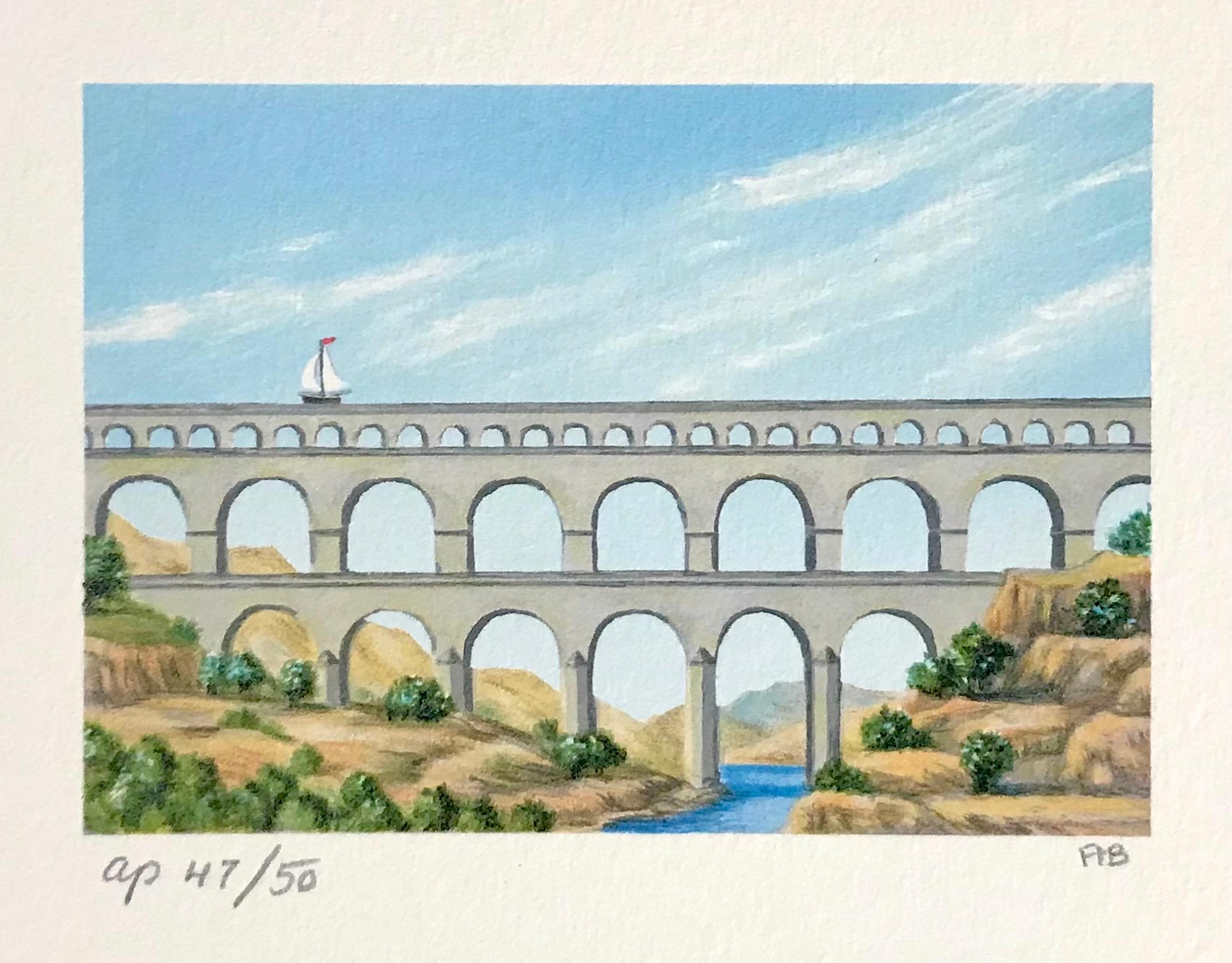 Aqueduct Signed Lithograph, Surrealist Mini Landscape, 1992 Edition