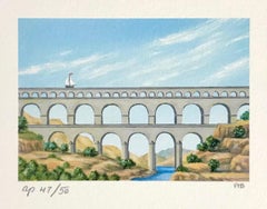 AQUEDUCT Signed Lithograph, Mini Landscape, Roman Architecture, Sailboat