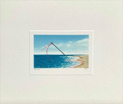 BASTED WAVES Signed Mini Lithograph, Surreal Beach Scene, Thread, Sewing Needle