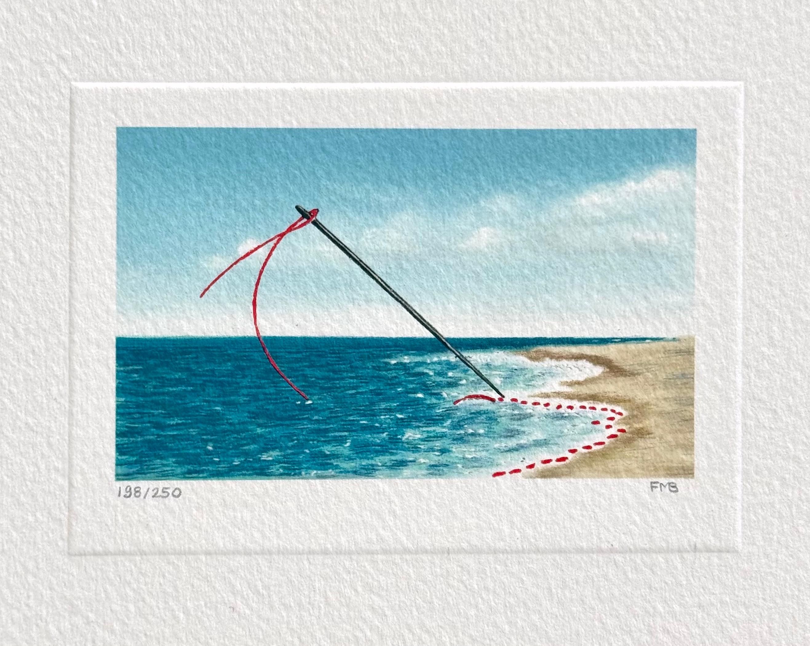 BASTED WAVES Signed Mini Lithograph, Surreal Beach Scene, Thread, Sewing Needle