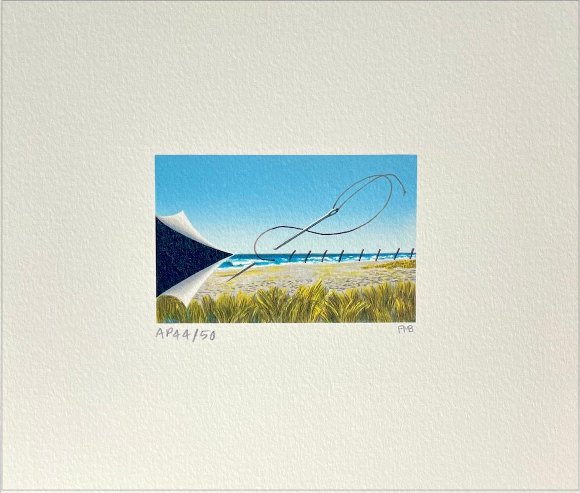 BEACH TO SKY Signed Mini Lithograph, Surreal Beach Scene Blue Sky Sewing Needle - Print by Fanny Brennan