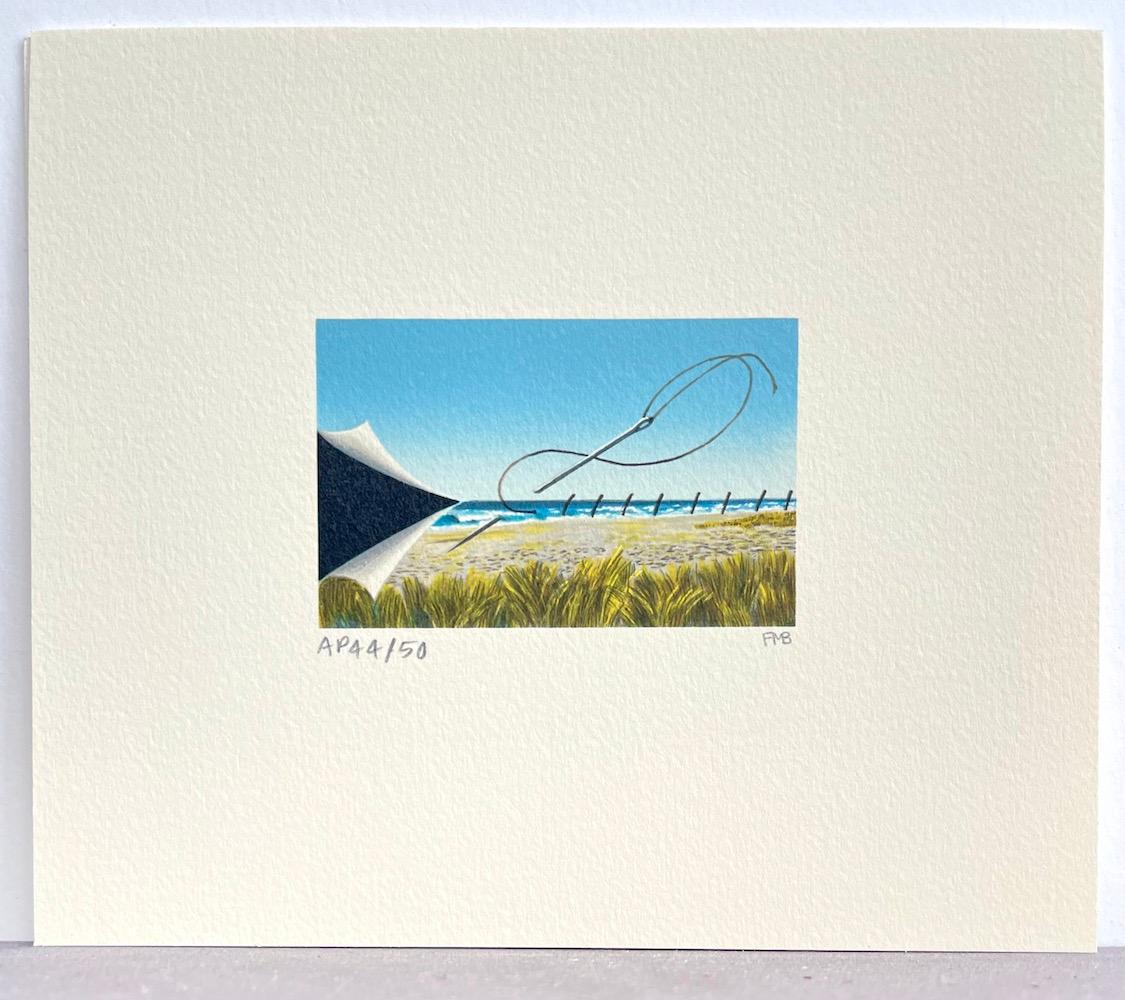 BEACH TO SKY Signed Mini Lithograph, Surreal Beach Scene Blue Sky Sewing Needle For Sale 1