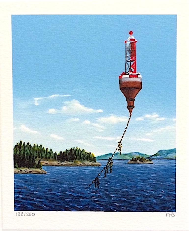 BELL ALOFT Signed Mini Lithograph, Bell Buoy, Surreal Shoreline Landscape