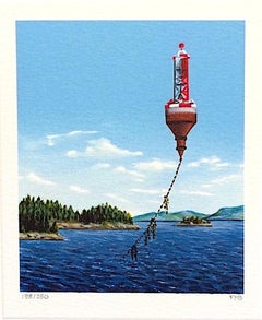 BELL ALOFT Signierte Mini-Lithographie, Glockenbügel, Surreale Shoreline-Landschaft, signiert