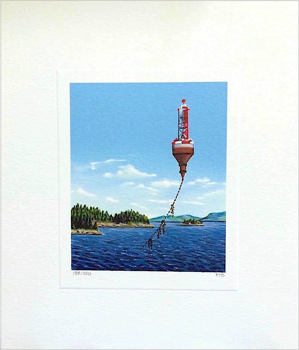 BELL ALOFT Signed Mini Lithograph, Bell Buoy, Surreal Shoreline Landscape - Print by Fanny Brennan