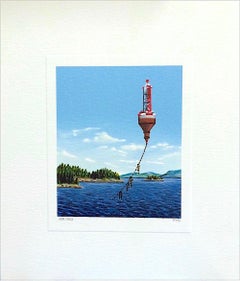 BELL ALOFT Signed Mini Lithograph, Bell Buoy, Lakeside Landscape, Blue Sky