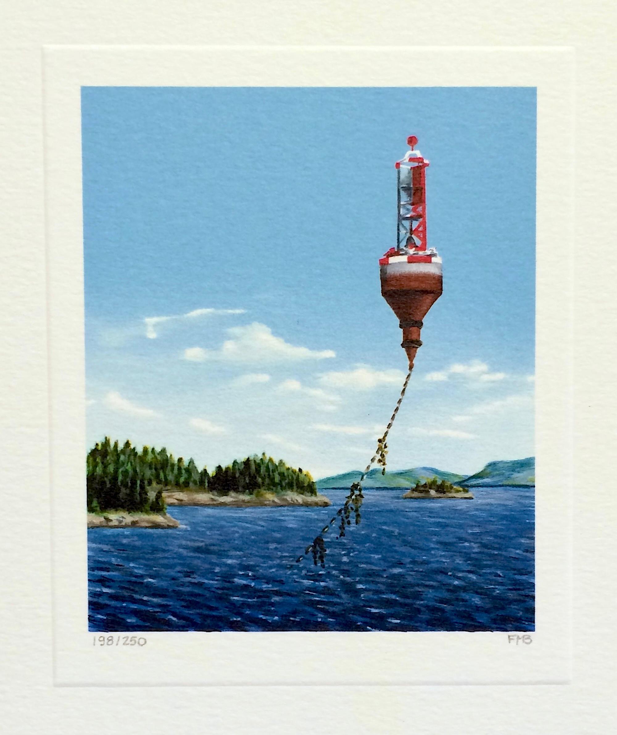 BELL ALOFT Signed Mini Lithograph, Bell Buoy, Lakeside Landscape, Blue Sky
