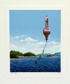 BELL ALOFT Signed Mini Lithograph, Bell Buoy, Lakeside Landscape, Blue Sky