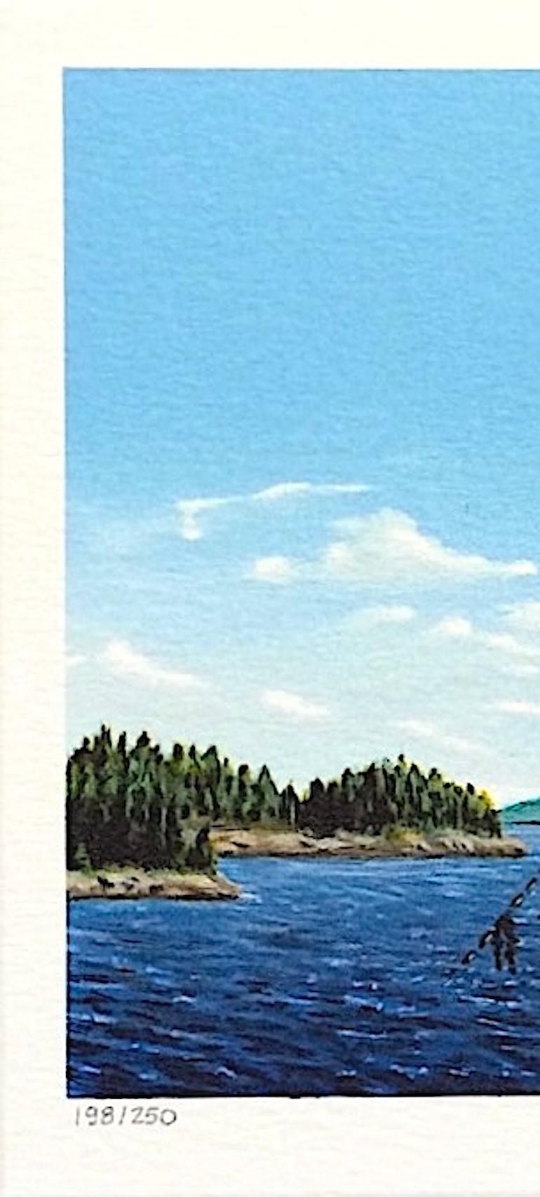 BELL ALOFT Mini litografía firmada, Boya de campana, paisaje surrealista en la costa - Print Azul de Fanny Brennan