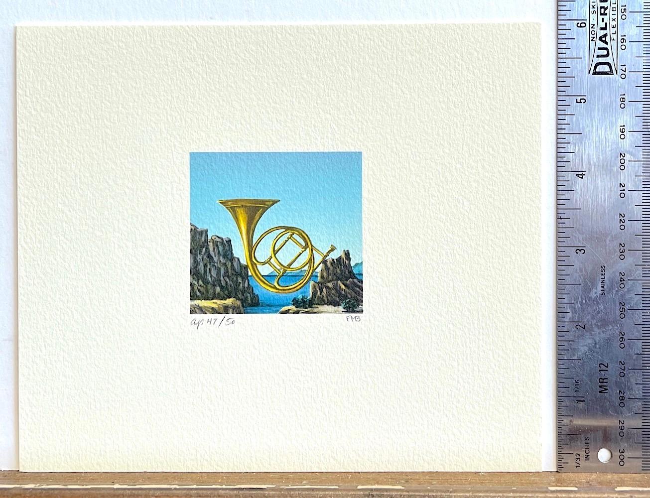 BIG HORN Signed Lithograph, Surreal Mini Landscape, French Horn, Rocky Shore - Print by Fanny Brennan