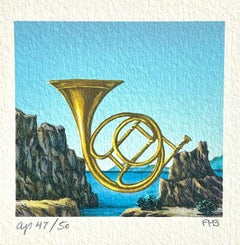 Lithographie signée BIG HORN, mini-paysage surréaliste, cor, rivage rocheux