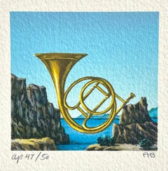BIG HORN Litografía firmada, Mini paisaje surrealista, trompa francesa, costa rocosa