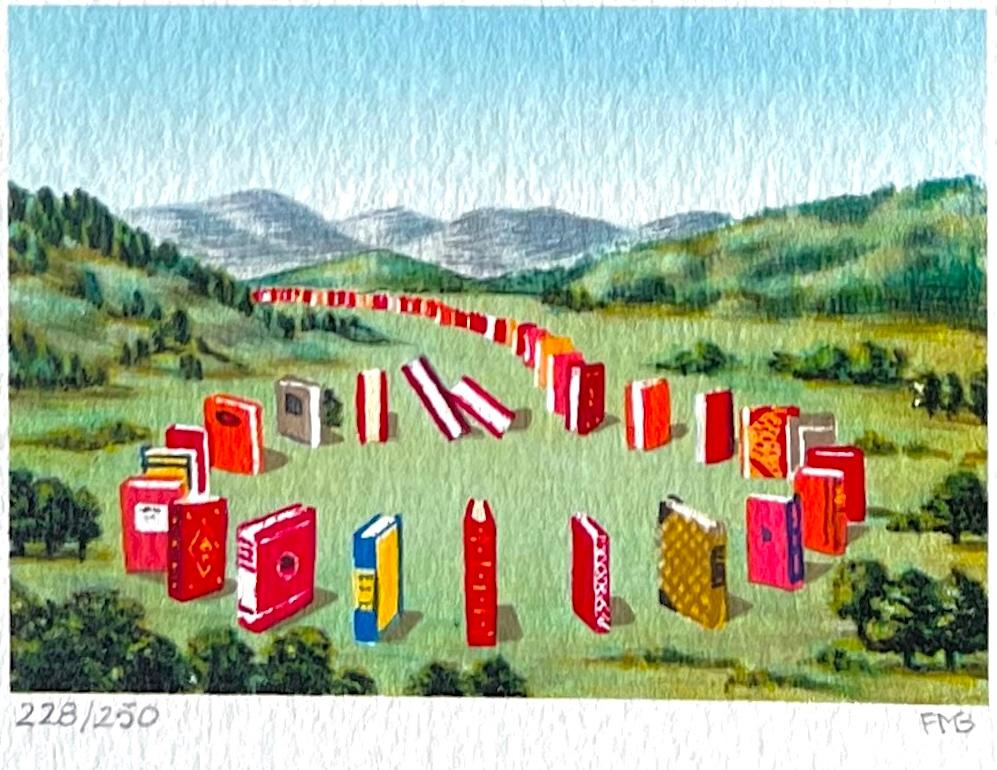 CÍRCULO DE LIBROS Litografía firmada, Mini paisaje Libros rojos, Llanuras verdes, Montañas - Print Surrealista de Fanny Brennan
