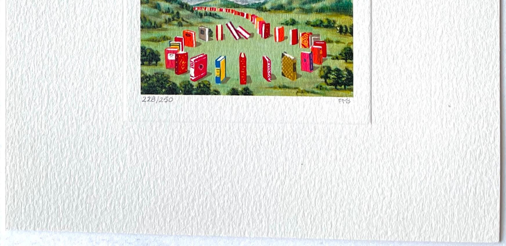 CÍRCULO DE LIBROS Litografía firmada, Mini paisaje Libros rojos, Llanuras verdes, Montañas en venta 1