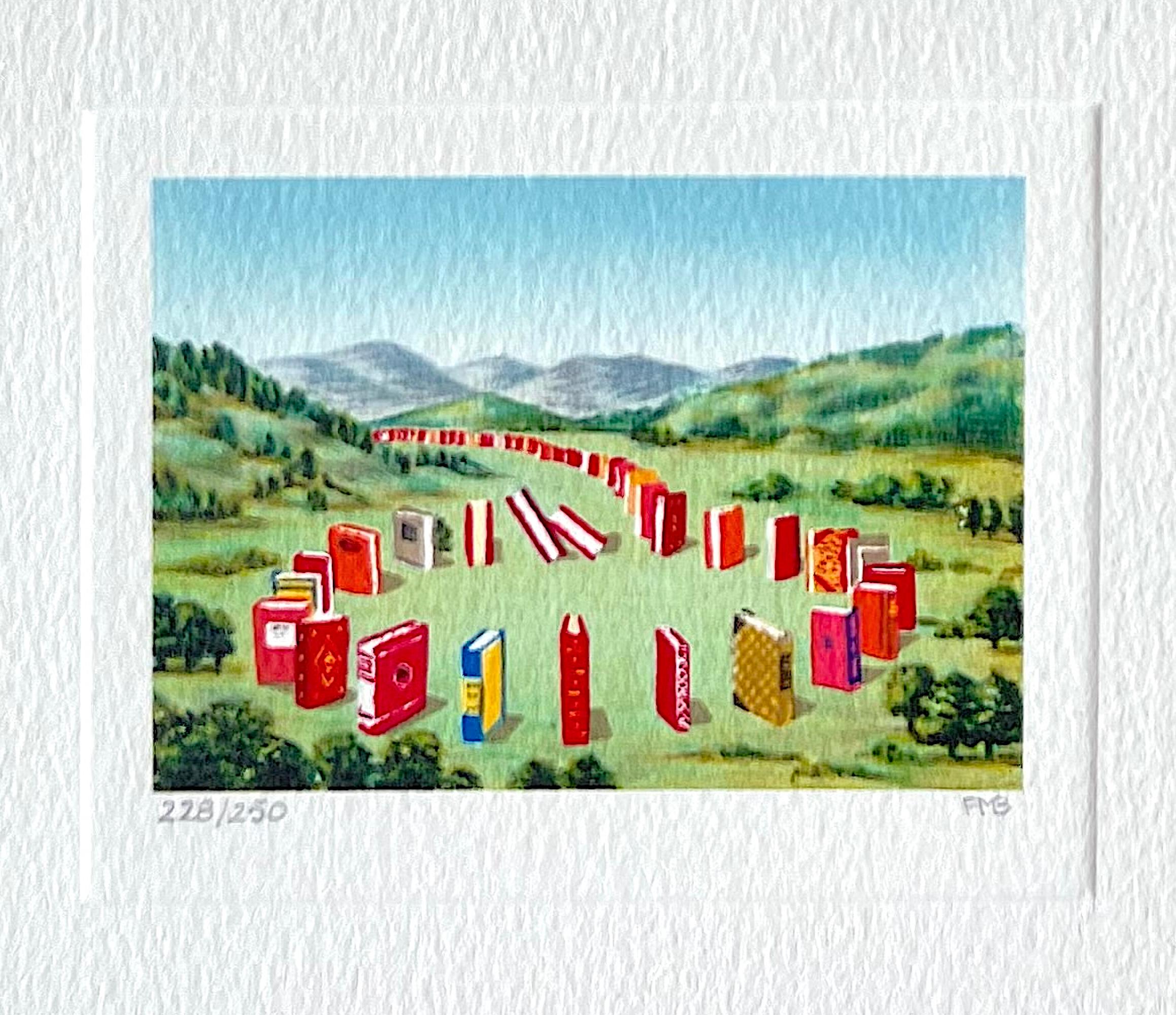 BOOK CIRCLE Signed Lithograph, Mini Landscape Red Books, Green Plains, Mountains