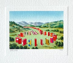 BOOK CIRCLE Signed Lithograph, Mini Landscape Red Books, Green Plains, Mountains