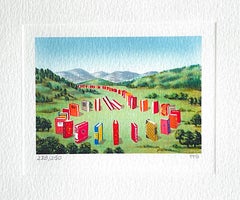 BOOK CIRCLE Signed Lithograph, Mini Surreal Green Landscape, Red Books Mountains
