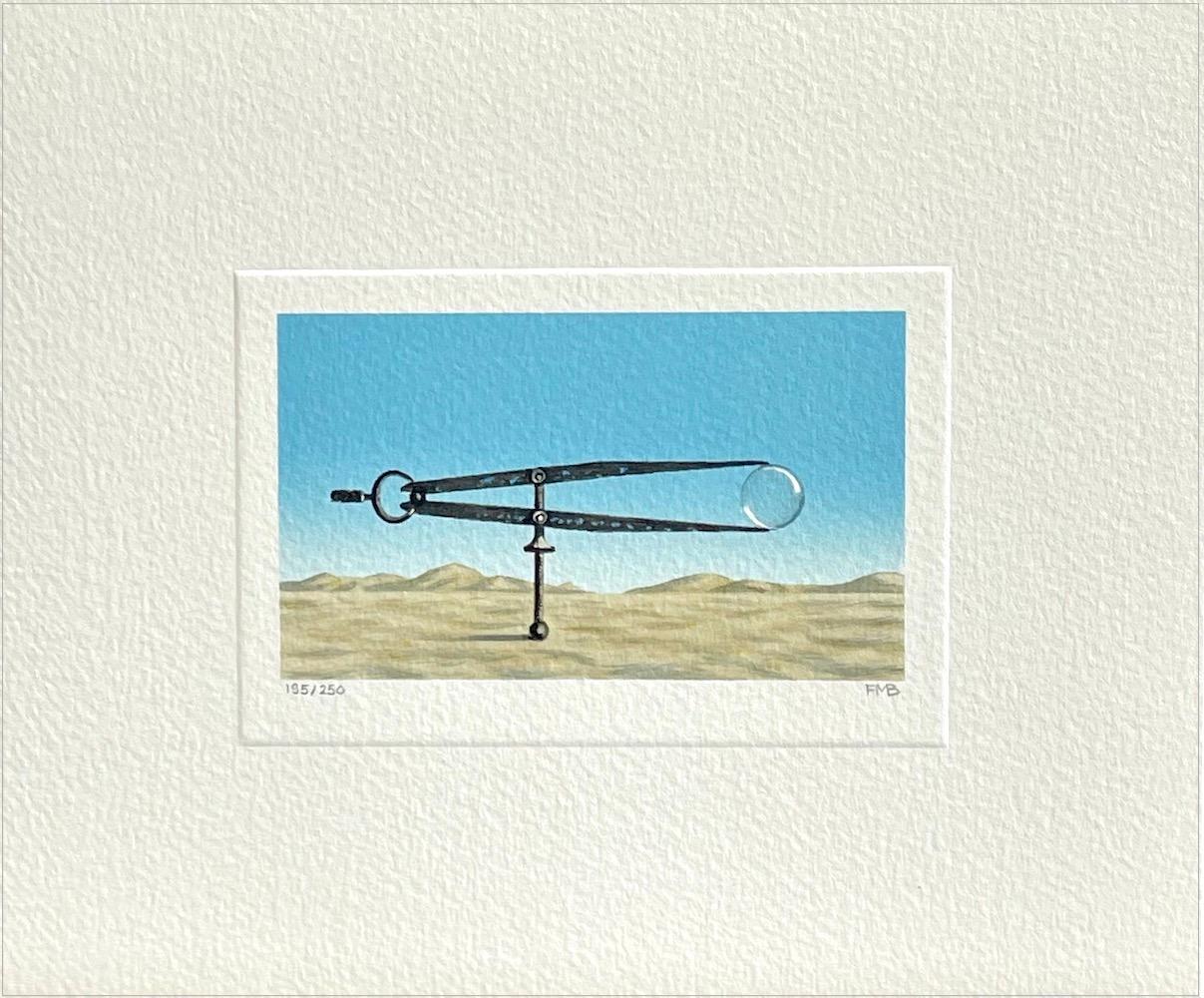 BUBBLE Signed Lithograph Surreal Landscape Vintage Drafting Tool, Blue Sky, Sand - Print by Fanny Brennan