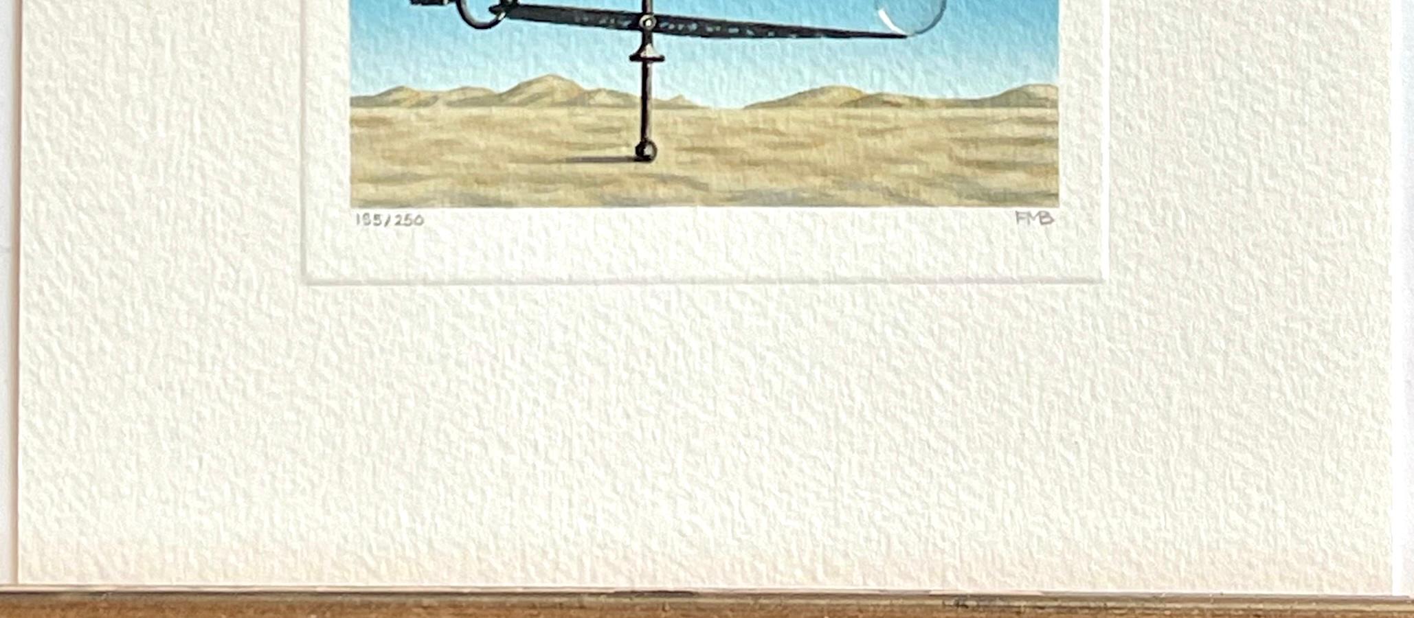 BUBBLE Litografia firmata Paesaggio surreale Strumento da disegno vintage, cielo blu, sabbia - Landscape Print Grigio di Fanny Brennan