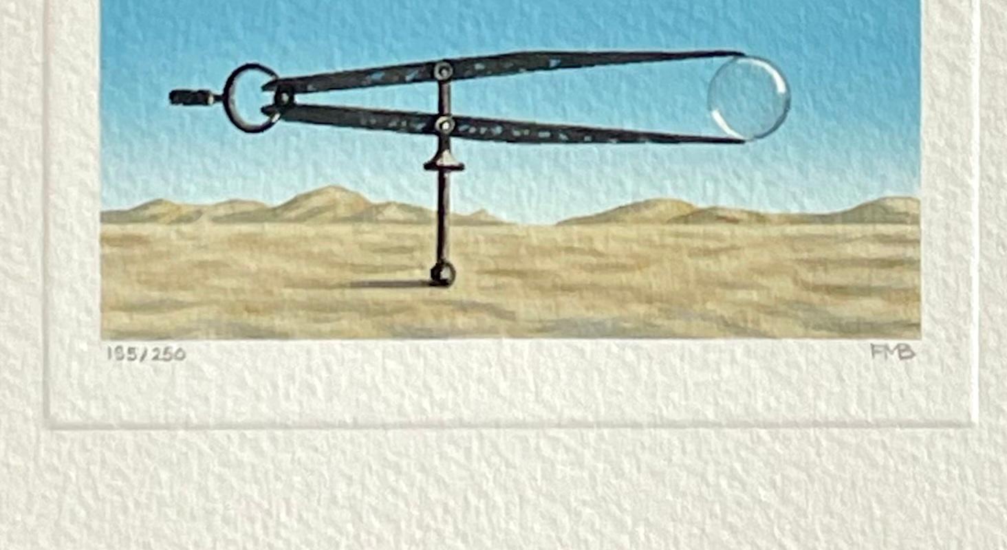 BUBBLE Litografia firmata Paesaggio surreale Strumento da disegno vintage, cielo blu, sabbia in vendita 3