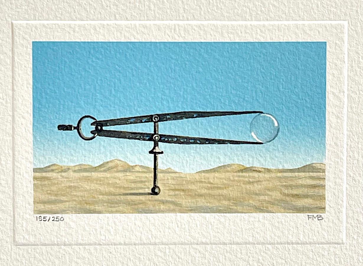 BUBBLE Signed Lithograph Surreal Landscape Vintage Drafting Tool, Blue Sky, Sand