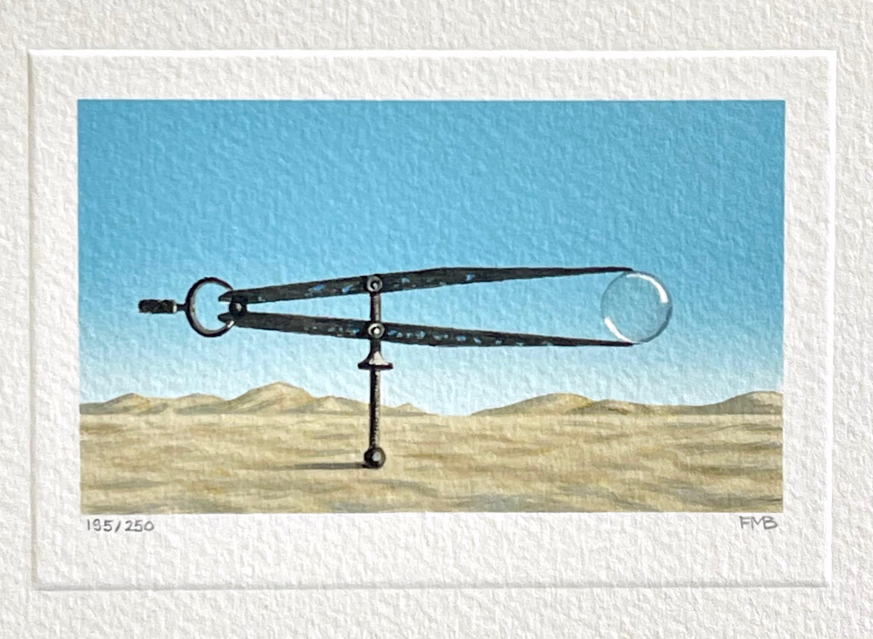 Fanny Brennan Landscape Print - BUBBLE Signed Lithograph Surreal Landscape Vintage Drafting Tool, Blue Sky, Sand
