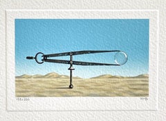 Fanny Brennan - BUBBLE Signed Lithograph Surreal Landscape Vintage Drafting Tool, Blue Sky, Sand BUBBLE Signed Lithograph Surreal Landscape Vintage Drafting Tool, Blue Sky, Sand