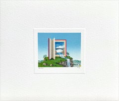 CASCADE Signierte Mini-Lithographie, Surreale Landschaft, Rotes Buch, Wasserfall, Blauer Himmel